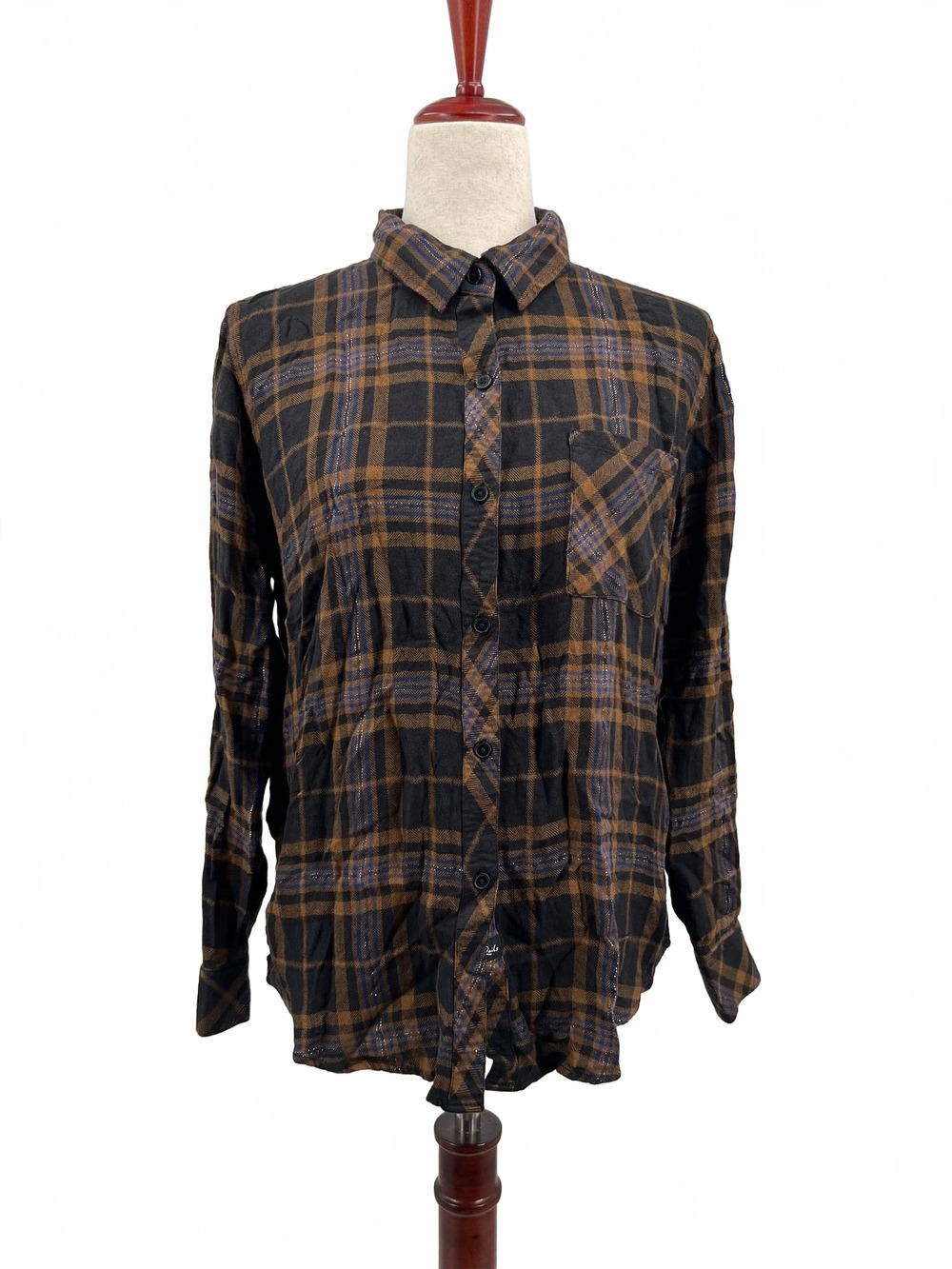 Rails Brown/Blue Plaid Button-Down Shirt | Women’s M Rayon, Pockets